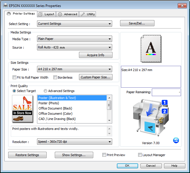 A nyomtatás további módjai B C A nyomtató kezelőpaneljének használatával ellenőrizze, hogy a Print Length be van állítva a Setup menü > Printer Setup > Roll Paper Setup > Roll Switch Condition >