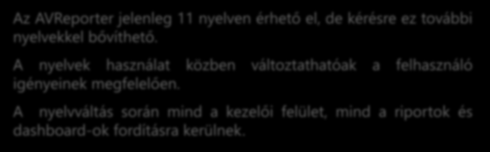 Lokalizáció Többnyelvű támogatás, futásidőben történő nyelv váltás lehetősége, kérésre további nyelvekkel bővíthetőek.