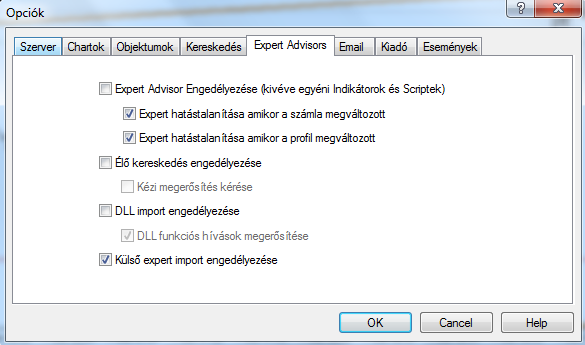 Expert Advisors lap Az Expert Advisors-sal (szakértő tanácsadókkal) való együttműködés beállításai vannak erre a lapra csoportosítva.