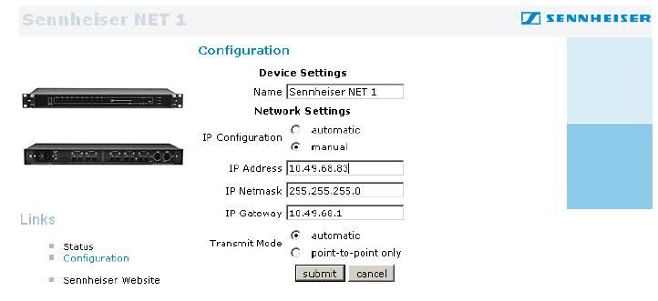 Ebben az ablakban végezze el a szükséges beállításokat: "Configuration" (konfigurálás) "Device Settings" (készülék beállításai) Név Készülék megjelölése "Network Settings" (hálózati beállítások) "IP