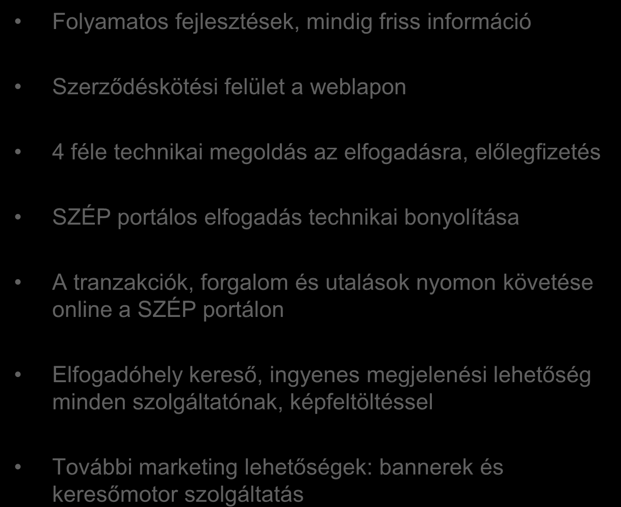 Honlap szolgáltatásaink elfogadó partnereinknek Folyamatos fejlesztések, mindig friss információ Szerződéskötési felület a weblapon 4 féle technikai megoldás az elfogadásra, előlegfizetés SZÉP