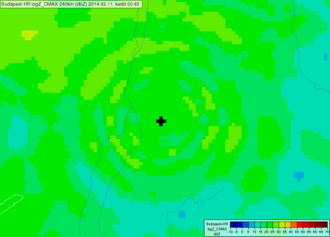 3.3 WLAN zavarok 16. ábra. A 2014.02.11. 00:45 UTC-kor a budapesti radar által mért reflektivitási mező. A hazai mérési gyakorlatban jelenleg a legtöbb fejtörést az ún. WLAN zavarok okozzák.