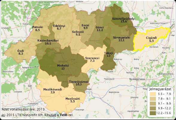 16. térkép: Ezer lakosra jutó regisztrált nonprofit szervezetek száma Borsod-Abaúj-Zemplén megye járásaiban (db) Forrás: TEIR A városban az elmúlt 13 év alatt kis mértékben nőtt a civil szervezetek