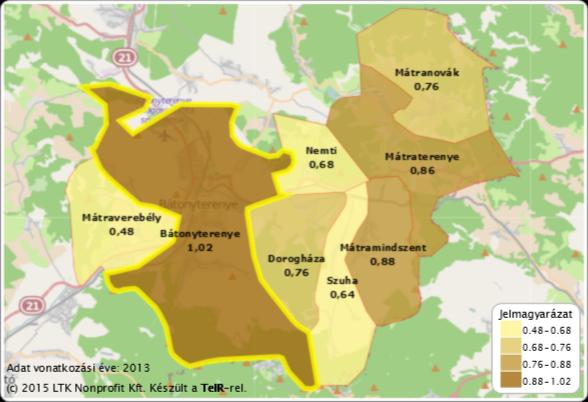 Egy óvodai férőhelyre jutó óvodások száma a Bátonyerenyei Járásban (fő) (Forrás: www.teir.