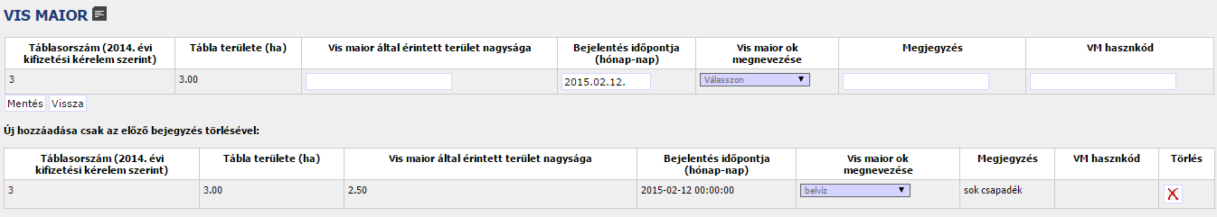 Új főnövény/másodvetés hozzáadása Egy adott táblához új főnövény, ill. másodnövény hozzáadása a táblasor végén található ikonra történő kattintást követően lehetséges.