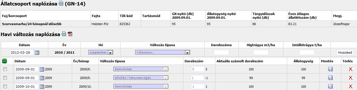 Tartásmódra vonatkozó rövidítések jelentése: ALM: Almos, MAL: Mélyalmos, HIG: Hígtrágyás, LEG: Legeltetéses, KAR: Karám/kifutós, EGY: Egyéb Az állományváltozás bejegyzését a változás típusának,