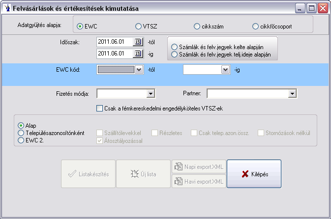 kimutatás készíthető: alap, településazonosítónként (szállítólevelekkel, részletes, csak telepazonosítónkénti összesítéssel, stornózások nélkül), valamint EWC2 (átosztályozással).