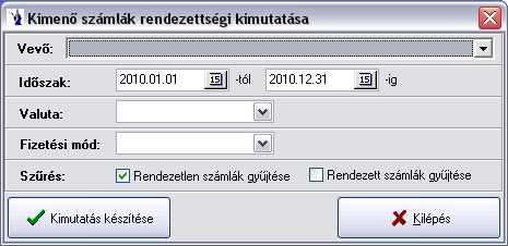 2.7. Pénzügyi kimutatások 2.7.1. Kimenő számlák rendezettsége A kimenő számlák rendezettségi listáján alaphelyzetben az adott időintervallumon belül készített minden számla rendezettsége látható.