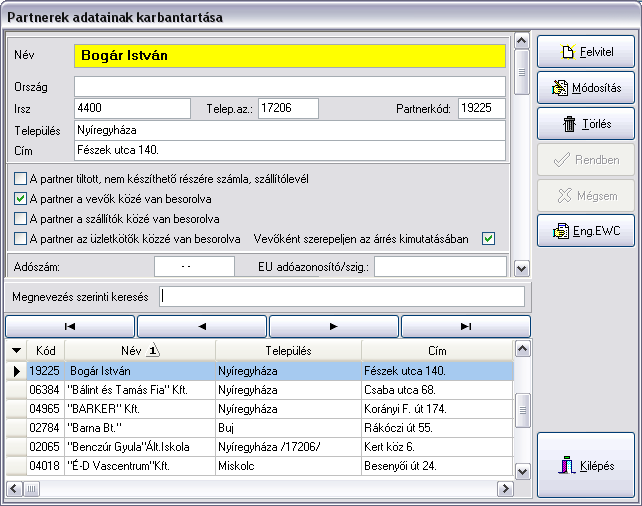 A kötelező kitöltésű név mező után megadható az ország, település, cím, irányítószám is. Ezután a program automatikusan megadja a partnerkódot.