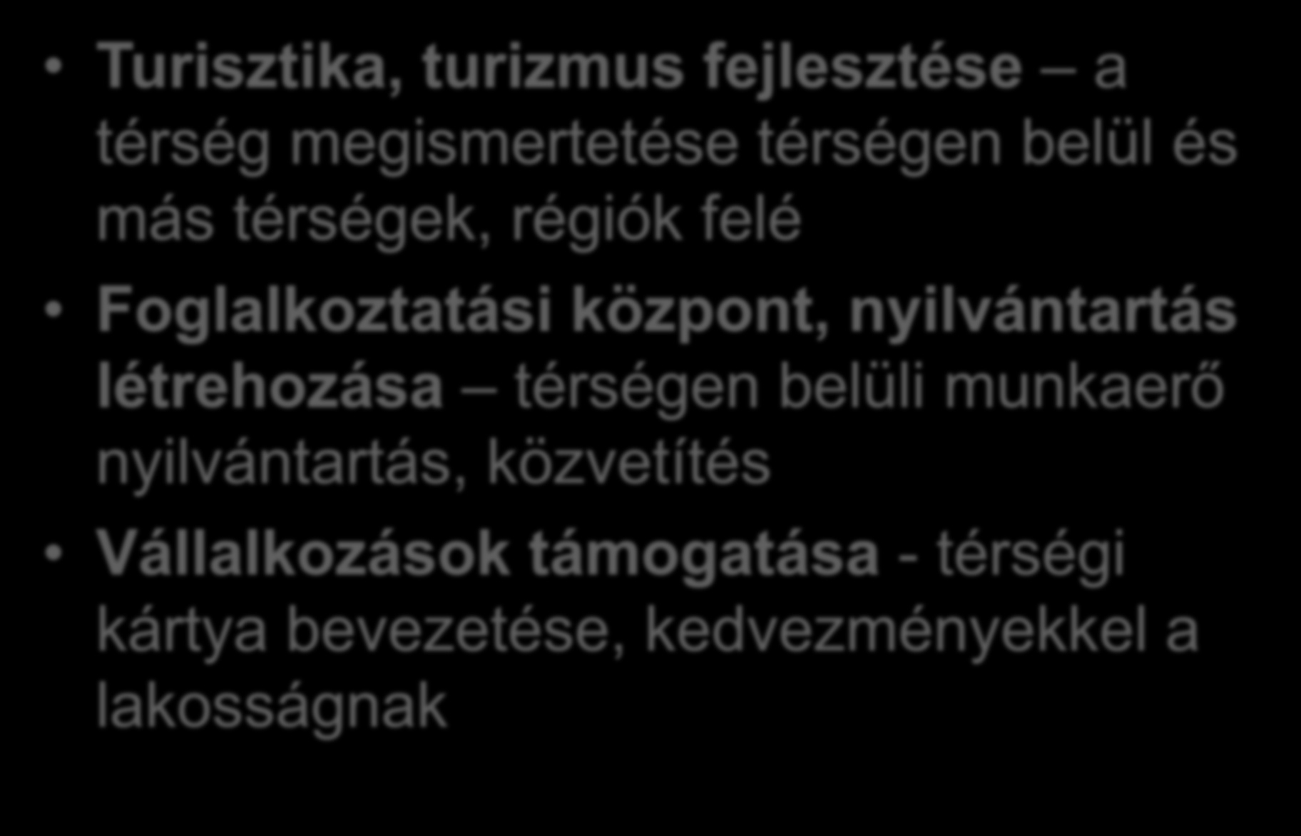 Vállalható feladatok Turisztika, turizmus fejlesztése a térség megismertetése térségen belül és más térségek, régiók felé Foglalkoztatási központ,