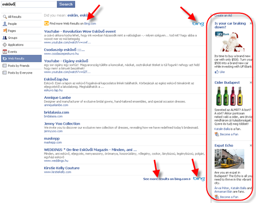 A menü alapján a Facebook keresések kiterjednek az Facebook felhasználókra Facebook rajongói oldalakra Facebook csoportokra Facebook alkalmazásokra Facebook eseményekre Bing webes találatokra