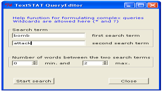 Forrás: TextStat program 25. ábra A szókapcsolatok megadása a TextStat Query Editorban Az alábbi példa a bomb attack kifejezés szövegkörnyezeteit mutatja az ISAF (afganisztáni) korpuszban.