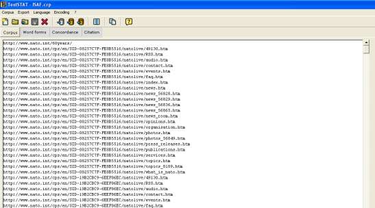 Az iraki, ISAF és SFOR szövegeket a megfelelő internetes honlapokról töltöttem le az alkorpuszokba, a STANAG alkorpusz szövegeit pedig adathordozóról másoltam be. (10. ábra) 10.