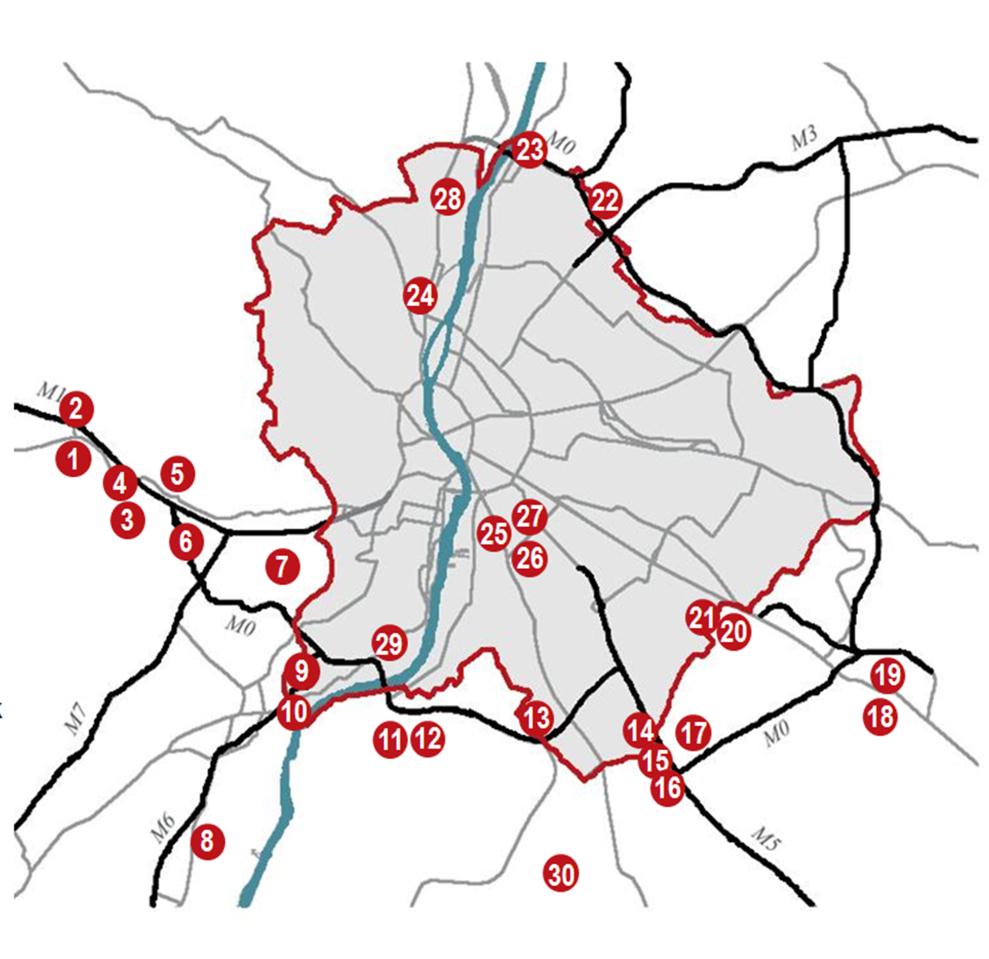 12 On Point Budapest City Report 2013 Logistics developments in Greater Budapest Logisztikai központok Budapesten és környékén 1. M1 Business Park 2. Agrogate 3. WestLog DC 4. Rozália Park 5.