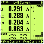 L1 fázis feszültség és áram jelalakja Ezen a képernyőn a feszültség és áram hullámformája látható a csúcsértékekkel és a csúcstényezőkkel. A kisebb amplitudójú jel az áram.