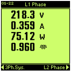 1 fázisú bekötés 1 áramváltóval 4 vezetékes bekötés 3 áram és 2 feszültségváltóval 6. Megjelenítés 6.1. Mért értékek megjelenítése Háromfázisú rendszer (V-kV) RMS háromfázisú vonali feszültség [Σ V