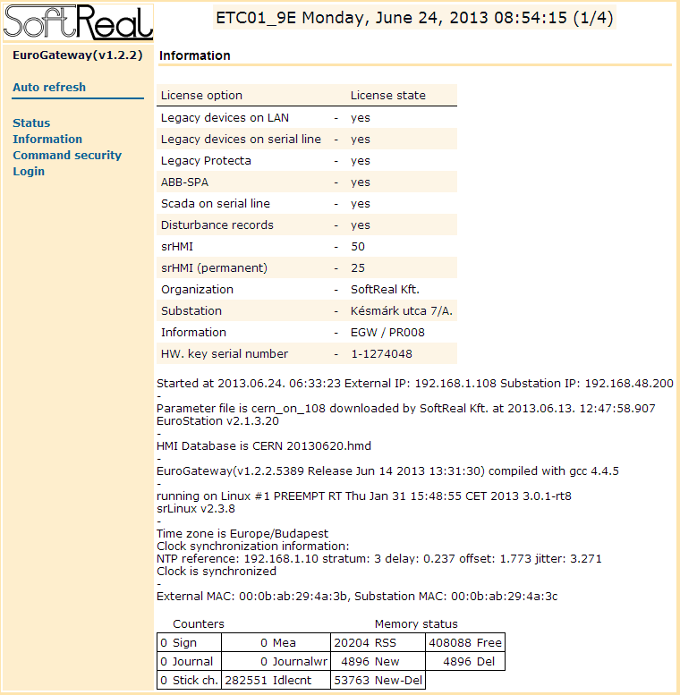 Web böngésző 6 Átjáró információ Ez a lap részletes licenc (hardver kulcs) és egyéb átjáró információkat jelenít meg.