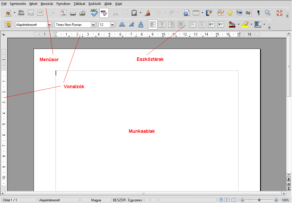 3. ábra: A programablak részei Az OpenOffice.org Writer kompatibilis a Microsoft Word-del, oly módon, hogy megnyithatóak vele az előzetesen Word-ben elmentett DOC illetve DOCX formátumú dokumentumok.