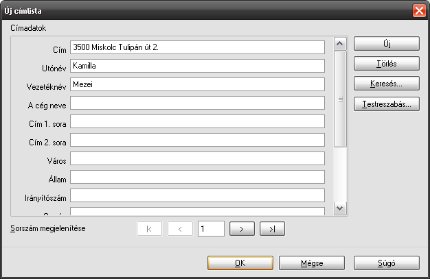 Amikor végeztünk az első címzettel, az Új gombra kattintva tölthetjük ki a következő személyre vonatkozó adatokat.