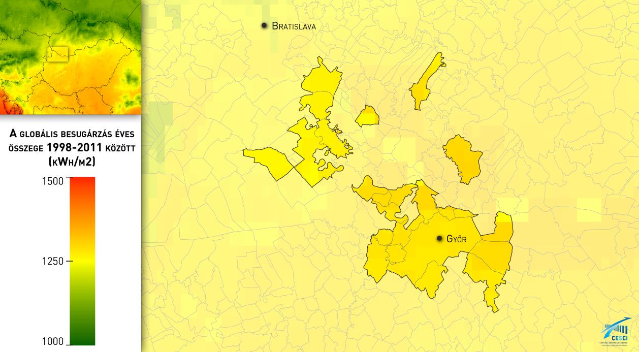 10. ábra: A globális besugárzás éves összege (kwh/m2) 1998-2011 között 7 Az uralkodó szélirány nyugati és északnyugati, 10 m-en a szélsebesség a nyugati területeken 3,5-3 m/s, a keleti területeken