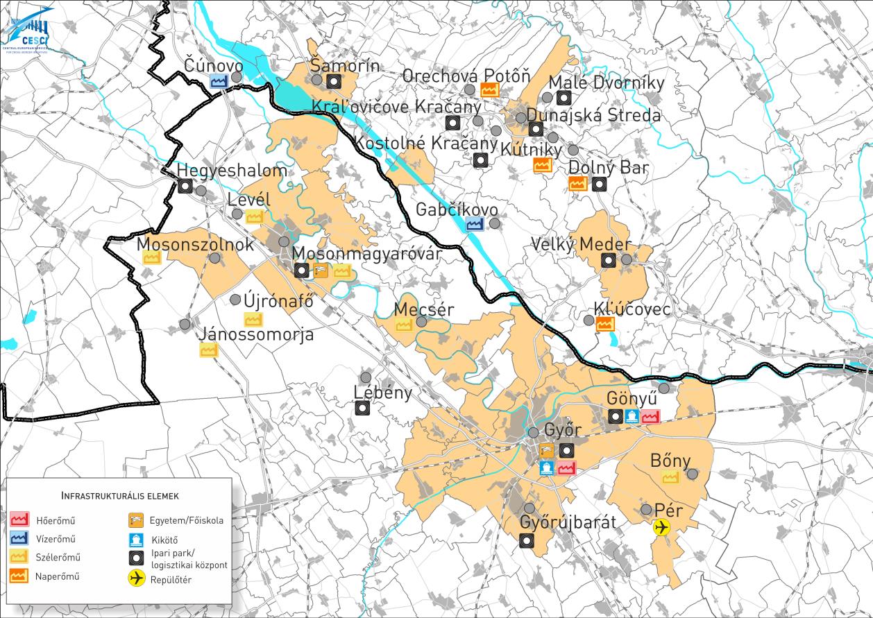 17. ábra: Az Arrabona EGTC térségének infrastrukturális elemei A térség lényeges gazdasági infrastrukturális elemei között említendők az ipari parkok.