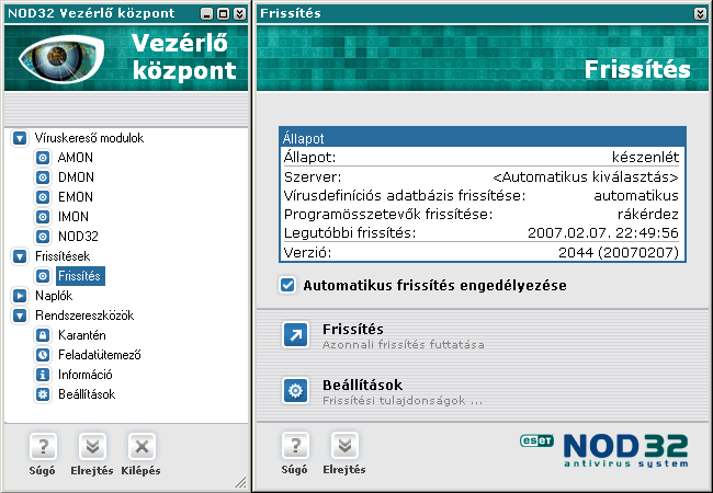 5. A Frissítés modul A Frissítés modul a NOD32 egyik legfontosabb része, az általa nyújtott szolgáltatás minden vírusvédelmi rendszer kulcsfontosságú eleme.