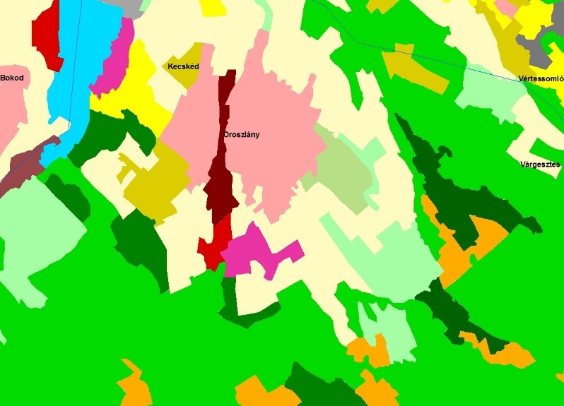 1.12-4. térkép: Település és környékének tájhasználati térképe Forrás: Corine Az elmúlt 10 évben Oroszlányban jelentős fejlődés indult el, a várostól délre új gazdasági területek épültek ki.