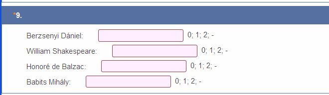 ÉRETTSÉGI FELADATSOROK MEGOLDÁSAINAK ITEMSZINTŰ RÖGZÍTÉSE A 4. feladatban az itemek betűvel jelöltek a feladatlapban és a rögzítő felületen is, az 5. feladat pedig egy itemből áll. A 6.