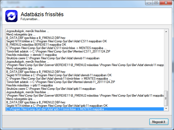 A Bezár gombra kattintva ki lehet lépni a frissítő szolgáltatásból. Ez után el kell indítani a SysBér W programot és a következő ablakban nyomon lehet követni, hogy hol tart az adatbázis frissítés.