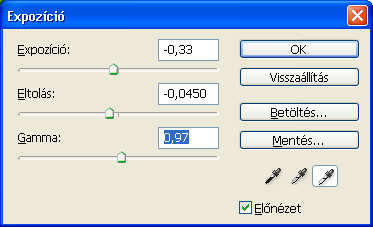 ISMERKEDÉS A PROGRAMMAL 47 Expozíció javítása Az alul- vagy túlexponált képek esetében az expozíció javítására a korábbi kissé nehézkes módszer helyett választhatjuk a Kép/ Korrekciók Expozíció
