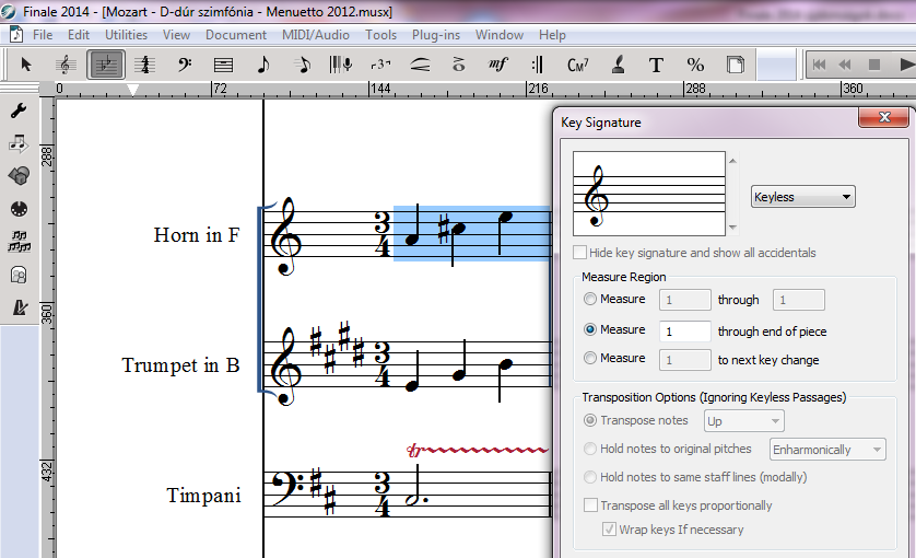 A Keyless opció használatánál nincs szükség a 2014-nél korábbi verziókban nélkülözhetetlen Key Signature Transposition Options Hold notes to original pitches Chromatically, valamint a Staff