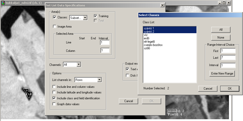 osztalylista_ablak.bmp A szántó1 és a szántó2 osztály tanító területeire eső pixelértékek lekérdezésének beállítása» Végezzük el, és az OK gombbal hagyjuk jóvá az ábrán látható beállításokat!