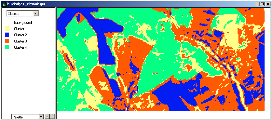 Custer_mask_megjelenitese.bmp A klaszterezés eredményeként létrejött tematikus kép Az osztályok/csoportok azonosítására az ablak bal oldalán található jelmagyarázat szolgál.