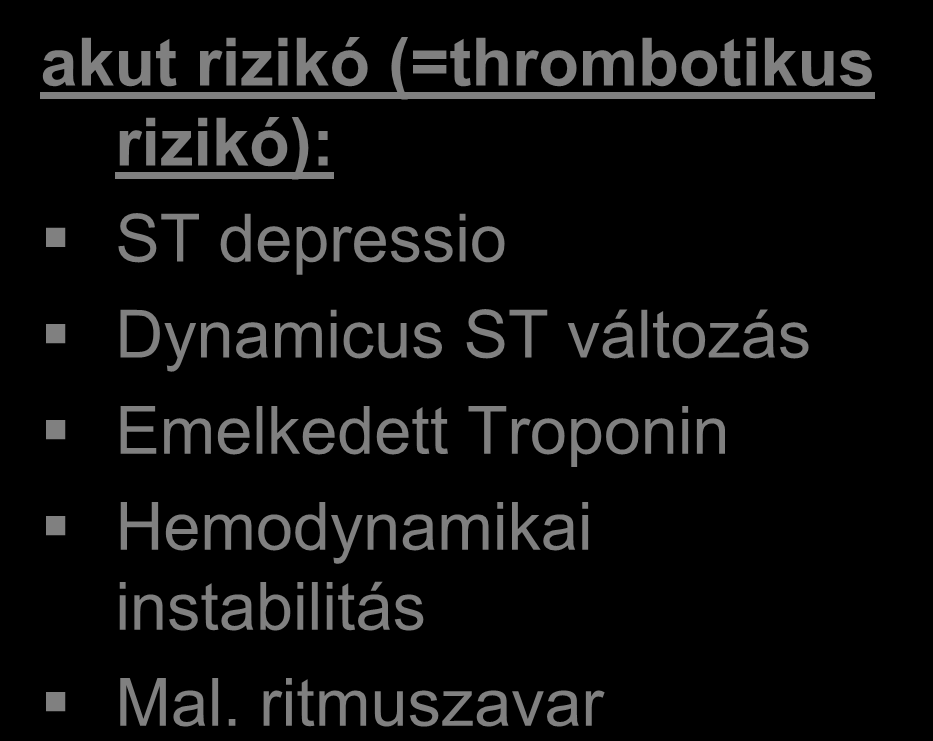 ACS (NSTE) rizikómeghatározás akut rizikó (=thrombotikus rizikó): ST depressio Dynamicus ST változás Emelkedett Troponin Hemodynamikai instabilitás Mal.