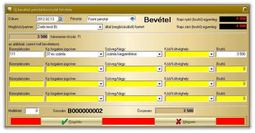 7. ábra: új bevételi pénztárbizonylat felvitele ablak, pénztár kiválasztást követő automata kitöltésű mezővel Összegezve a bevételi pénztárbizonylat sorszámát a pénztár sikeres kiválasztása után