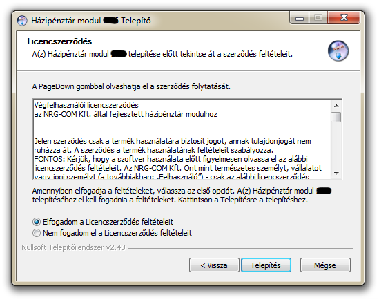 2. ábra: licencszerződés A telepítés folytatásához el kell fogadnia a licencszerződést (2. ábra).