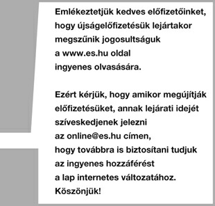 Tetszik 37 ezer 102 Bejelentkezés Bejelentkezés Facebookkal Előfizetés E-mail: Jelszó: jelszóemlékeztető LVIII. évfolyam, 48. szám, 2014. november 28.