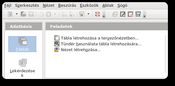 KÉSZEN AZ ÉRETTSÉGIRE Adatbázis regisztrálása Az adatbázisban új táblát a baloldali Tábla gombra kattintva, majd a Tábla létrehozása a tervezőnézetben vagy a Tündér használata tábla létrehozására