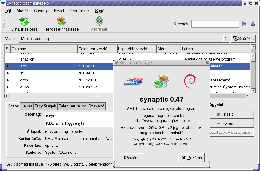 7.3. CSOMAGKEZELÉS 101 7.3.2. A Synaptic Az UHU-Linux több csomagkezelő előtét programot is tartalmaz (KPackage, Synaptic, Edeity, dselect).