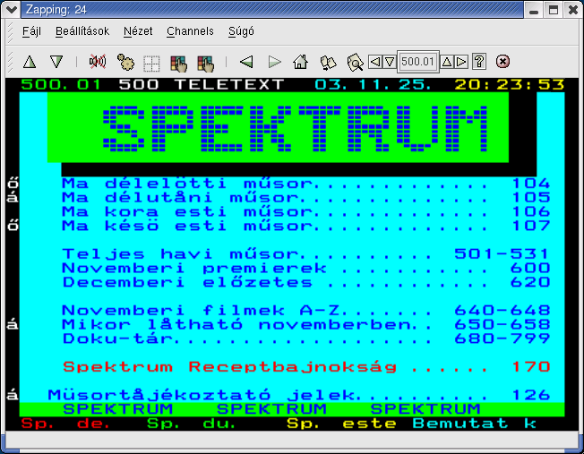 142 11. FEJEZET TV-TUNER KÁRTYA UHU-LINUX ALATT A zapping-ot nemcsak TV nézésre használhatjuk, hanem Teletext megjelenítésére is (11.12. ábra).
