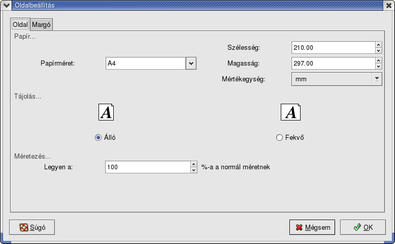 16.2. A SZABVÁNY ESZKÖZTÁR 187 A dokumentum oldal tulajdonságait a Fájl/Oldalbeállítás... pontban módosíthatjuk (16.2. ábra). Ezek a lapméret és a margók beállításai.