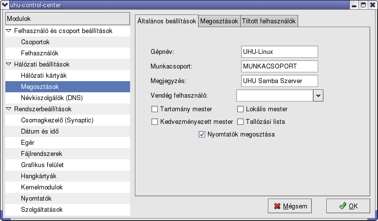 22.3. A SAMBA SZERVER BEÁLLÍTÁSA 221 22.3. A samba szerver beállítása Indítsuk el az UHU Vezérlőpult-ot ( Beállítások / UHU Vezérlőpult ). Az indításhoz szükségünk lesz a rendszergazda jelszavára.