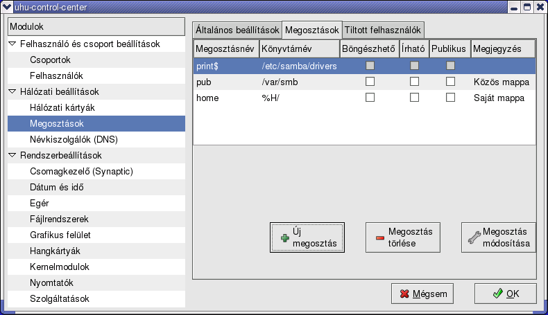 222 22. FEJEZET SAMBA A megosztások fülön lehet beállítani, hogy mások a megosztott könyvtárakat milyen jogokkal érjék el.