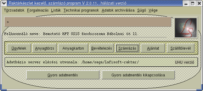 25.3. HASZNÁLAT 241 25.3. ábra. A főmenü Forgalmazás: - Bevételezés, vásárlás (25.5. ábra) - Gyors, nyugtás eladás - Nyugtás, gyors eladások karbantartása - Anyagkiadás, eladás számlával -