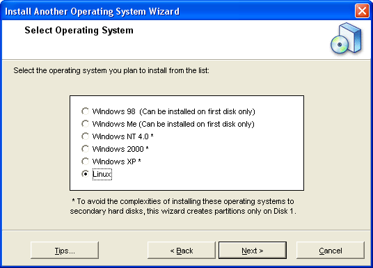 3.2. TELEPÍTÉS MEGLÉVŐ WINDOWS RENDSZER MELLÉ 39 3.2. ábra. Új operációs rendszer kiválasztása Adjuk meg, hogy Linux rendszert kívánunk telepíteni, majd a Next gombbal lépjünk tovább (3.2. ábra).