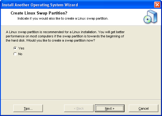 3.2. TELEPÍTÉS MEGLÉVŐ WINDOWS RENDSZER MELLÉ 43 3.8. ábra. Hozunk létre swap partíciót is?