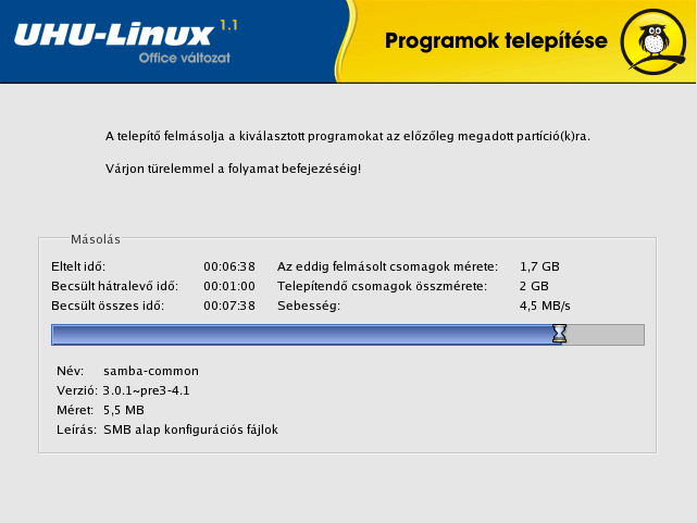 72 5. FEJEZET TELEPÍTÉS biztosítottunk a particionálás során az UHU-Linux számára. Amennyiben a hely kisebb mint a kívánt összméret, fájó szívvel bár, de valamelyik alkalmazástól meg kell válnunk.