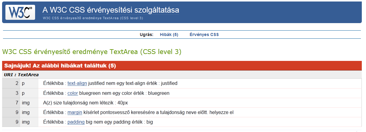 Dokumentumok validálása Ebben a CSS részletben a validátor 5 hibát talált: A justified érvénytelen érték (a helyes kulcsszó a justify) A bluegreen nem érvényes CSS szín (blue, green vagy rgb színkód