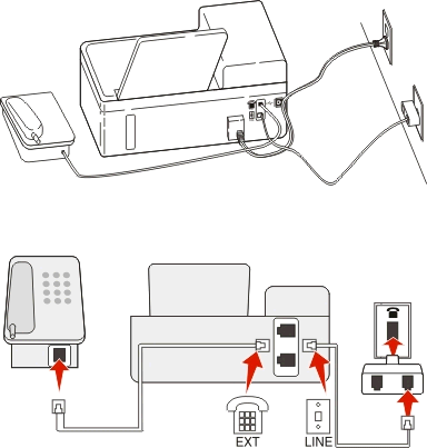 Faxolás 74 Csatlakoztatás: 1 Csatlakoztassa a telefonkábel egyik végét a nyomtató portjához. 2 Csatlakoztassa a kábel másik végét az RJ 11 adapterhez, majd dugja az adaptert a fali aljzatba.