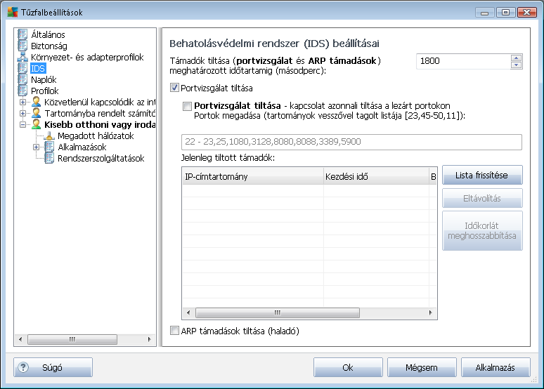 A Behatolásvédelmi rendszer (IDS) beállításai panel a következo konfigurációs lehetoségeket kínálja: Támadók (portvizsgálat és ARP támadások) letiltása adott idotartamig Itt határozható meg, hogy a